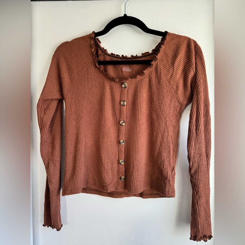 American Eagle Soft & Sexy Rib Cropped Long Sleeve Orange Top Size M